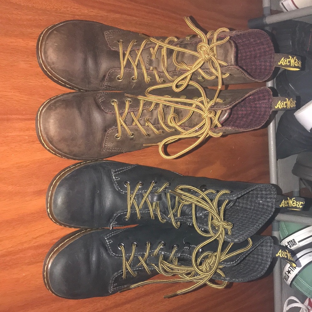 Brown and black dr martens boots